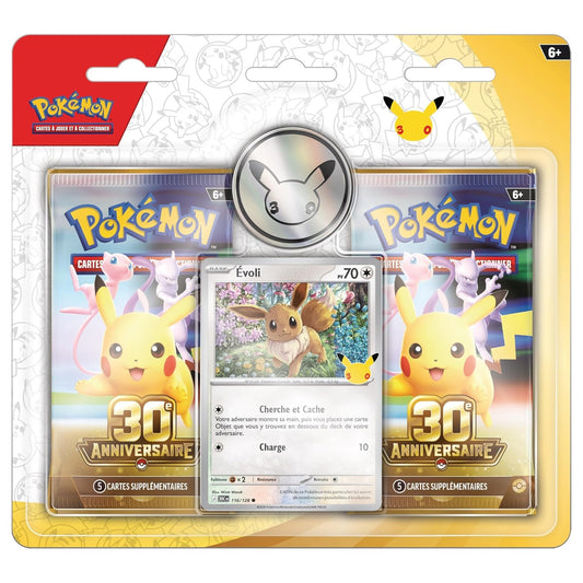 Pokémon : Blister de 2 boosters 30ᵉ Anniversaire du JCC Pokémon (1 Carte Brillante, 1 pièce et 2 boosters)